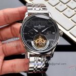 Perfect Replica Jaeger LeCoultre Black Moonphase Tourbillon Dial Stainless Steel Smooth Bezel 42mm Watch